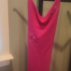 Strapless Hot Pink Cowl Slip Dress with Beaded Accents